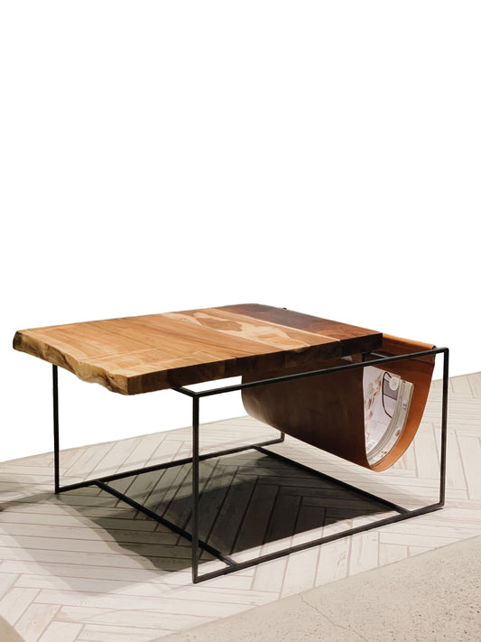 Live Edge Coffee Table with Magazine Leather Sling